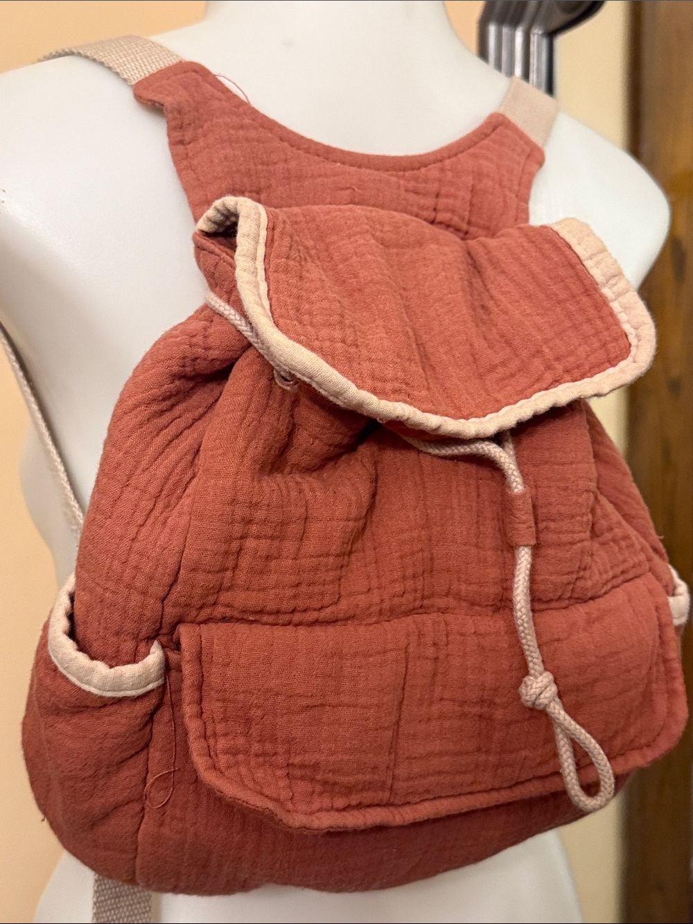 Zara Kids Small Backpack Rust Drawstring Gauze with Cream Beige Trim